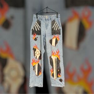 Flame Print Jeans Retro 
Loose Straight Wide Leg size medium